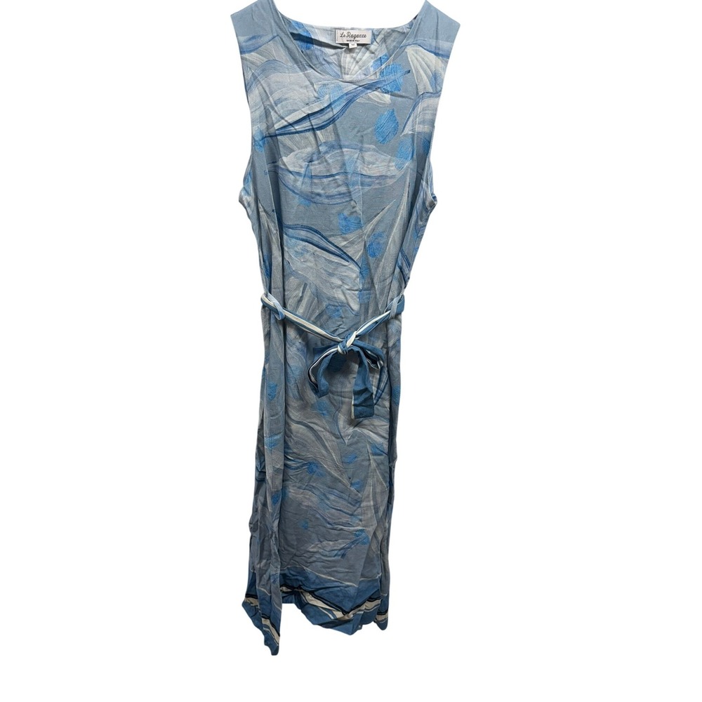 Le Ragazze Made in Italy Blue Linen Blend Abstract Leaf Midi Dress Size M - Picture 2 of 8